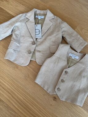 Beige Linen Blend Kids Blazer & Vest Set